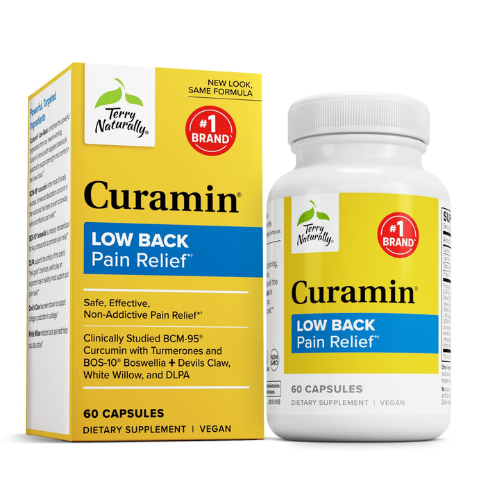 Terry Naturally Curamin Low Back Pain Relief - DLPA & Curcumin Supplement for Relief Support - Enhanced Absorption Curcumin Formula - Herbal Supplement with White Willow & Boswellia - 60 Capsules
