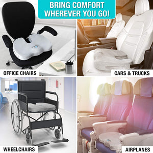 Memory foam seat cushion can be used on office chairs, cars and trucks, wheelchairs and even airplanes